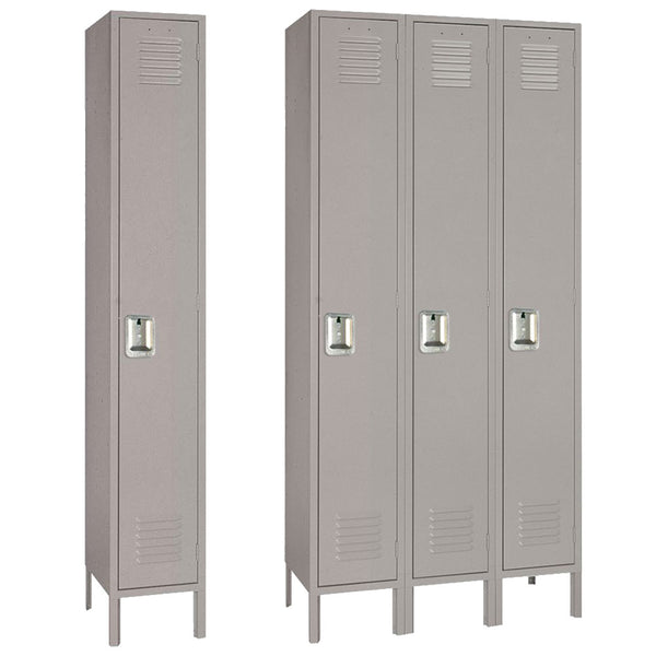 Three gray lockers with metal doors on a white background