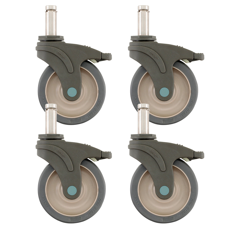 Four Metro 5-inch polymer swivel stem casters with stainless steel stem, reinforced nylon housing, and pedal brake for Super Erecta wire shelving and TableWorx work tables.