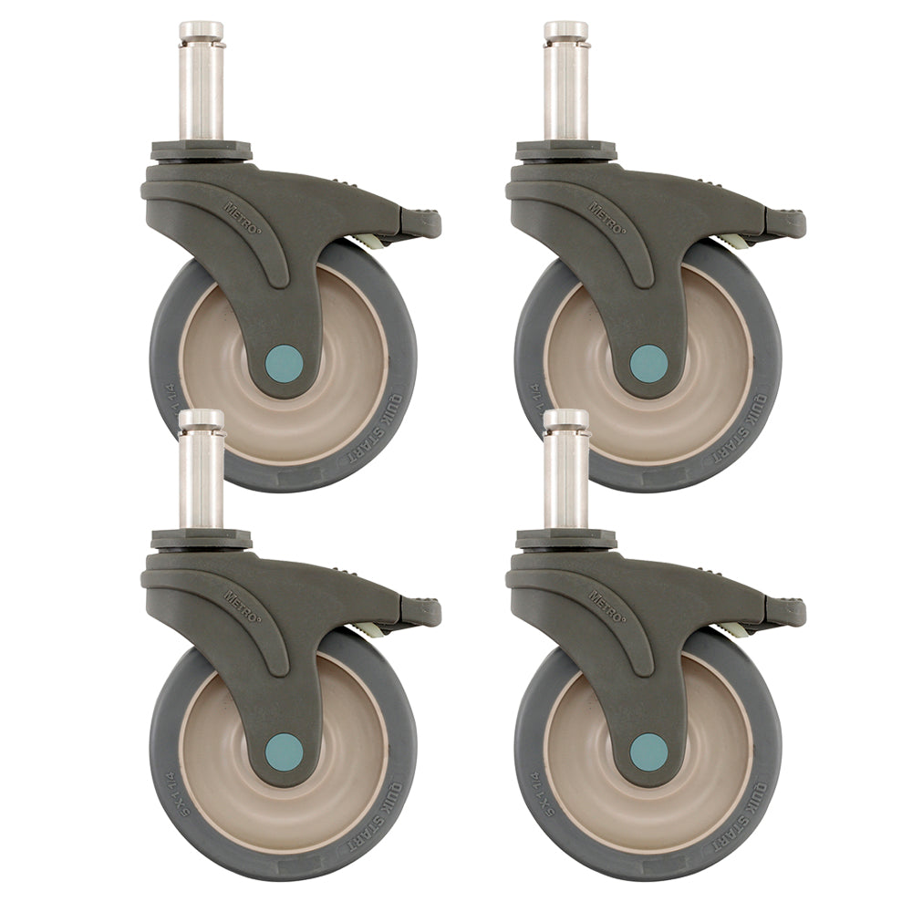 Four Metro 5-inch polymer swivel stem casters with stainless steel stem, reinforced nylon housing, and pedal brake for Super Erecta wire shelving and TableWorx work tables.
