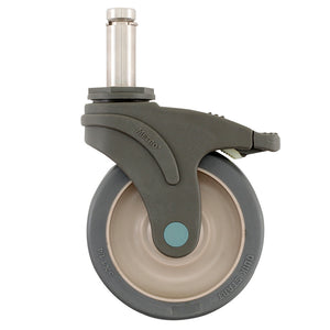 Metro 5-inch polymer swivel stem caster with stainless steel stem, reinforced nylon housing, and pedal brake for Super Erecta wire shelving and TableWorx work tables.