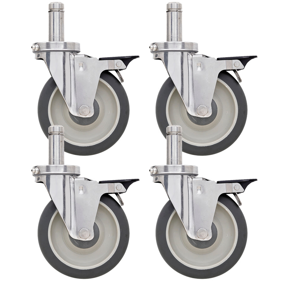 Four Metro 5-inch polyurethane swivel stem casters with stainless steel stem and housing, and pedal brake for Super Erecta wire shelving and TableWorx work tables.