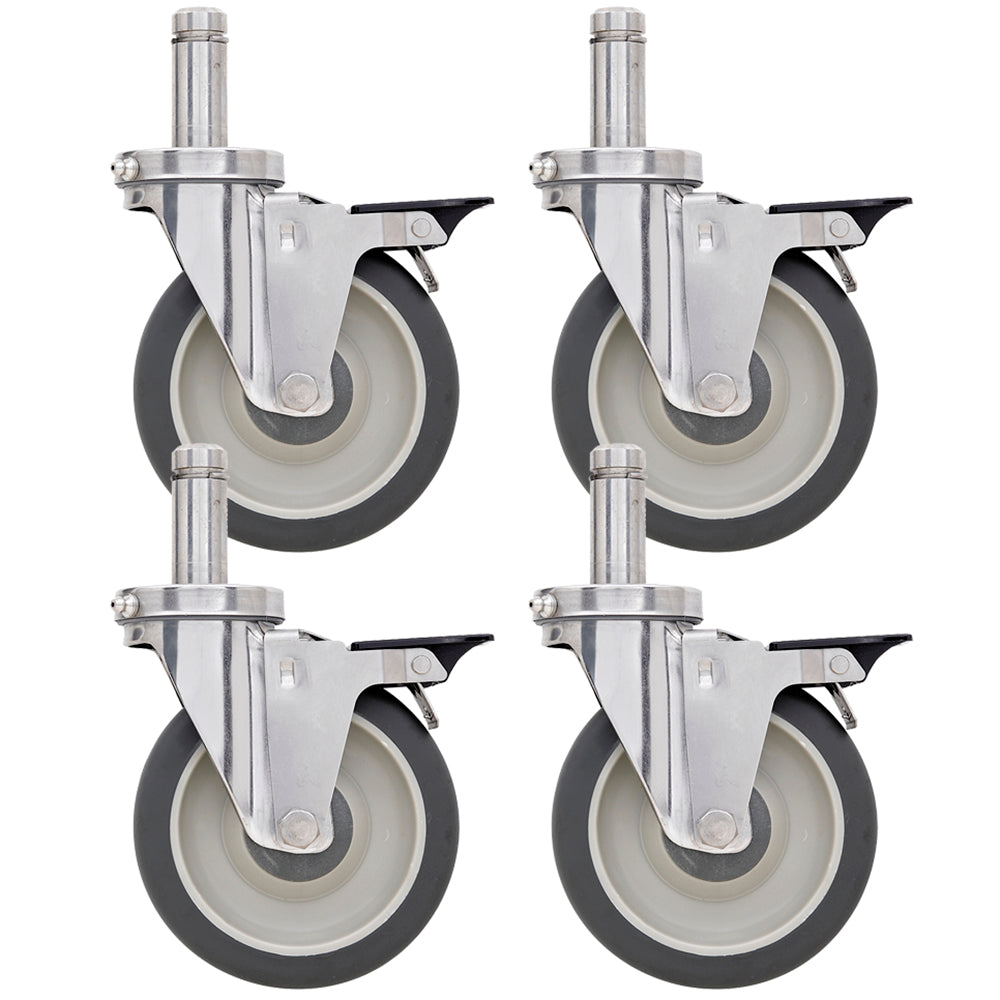 Four Metro 5-inch polyurethane swivel stem casters with stainless steel stem and housing, and pedal brake for Super Erecta wire shelving and TableWorx work tables.