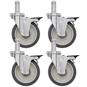 Four Metro 5-inch polyurethane swivel stem casters with stainless steel stem and housing, and pedal brake for Super Erecta wire shelving and TableWorx work tables.