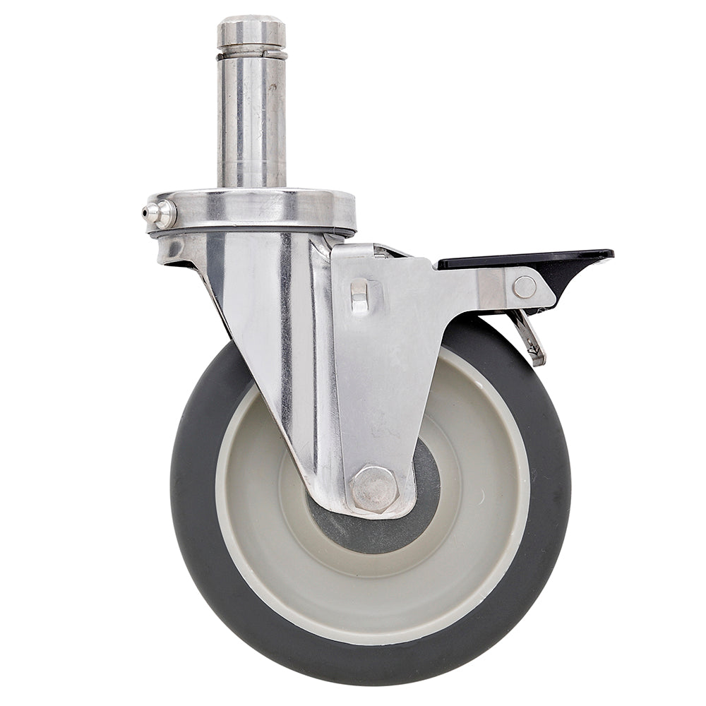 Metro 5-inch polyurethane swivel stem caster with stainless steel stem and housing, and pedal brake for Super Erecta wire shelving and TableWorx work tables.