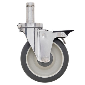 Metro 5-inch polyurethane swivel stem caster with stainless steel stem and housing, and pedal brake for Super Erecta wire shelving and TableWorx work tables.