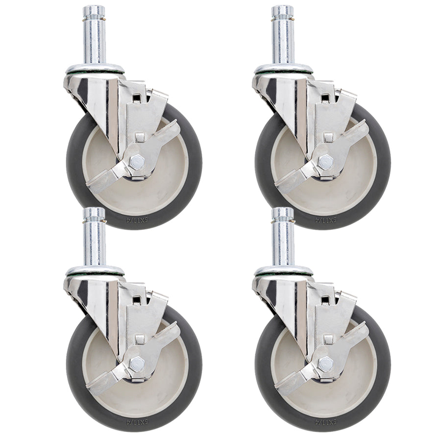 Four Metro 5-inch polyurethane swivel stem casters with chrome-plated steel stem, housing, and side pedal brake for Super Erecta wire shelving and TableWorx work tables.