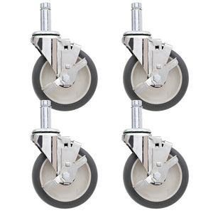 Four Metro 5-inch polyurethane swivel stem casters with chrome-plated steel stem, housing, and side pedal brake for Super Erecta wire shelving and TableWorx work tables.