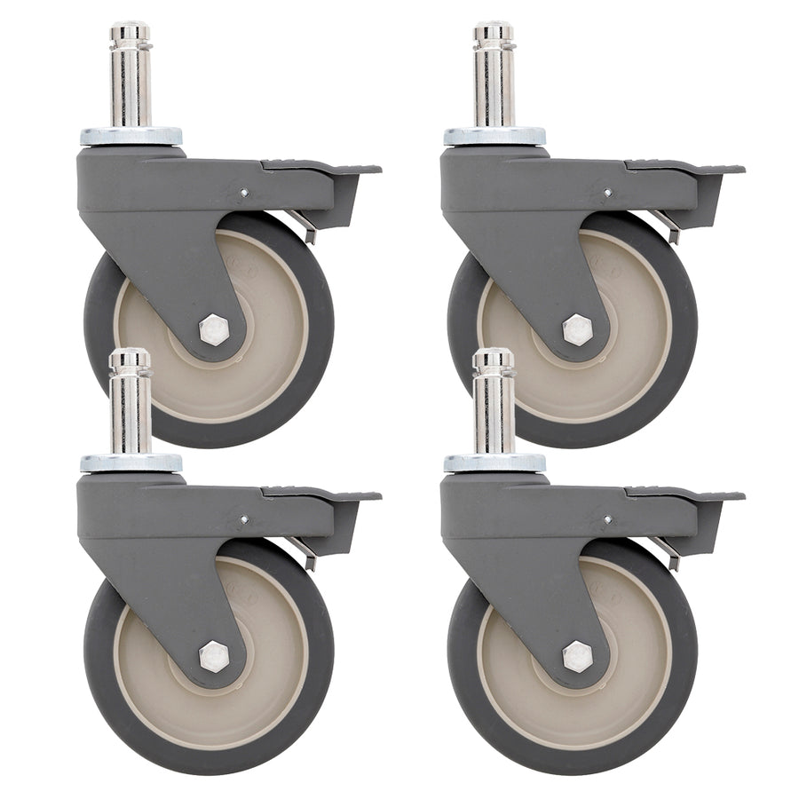Four Metro 5-inch polyurethane swivel stem casters with chromate-plated steel stem and swivel raceway, nylon housing, and pedal brake for Super Erecta wire shelving and TableWorx work tables.