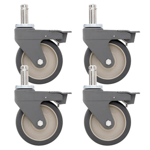Four Metro 5-inch polyurethane swivel stem casters with chromate-plated steel stem and swivel raceway, nylon housing, and pedal brake for Super Erecta wire shelving and TableWorx work tables.