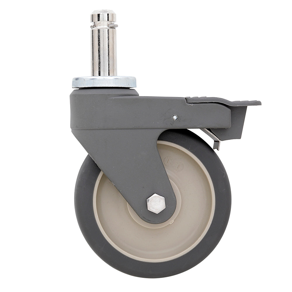Metro 5-inch polyurethane swivel stem caster with chromate-plated steel stem and swivel raceway, nylon housing, and pedal brake for Super Erecta wire shelving and TableWorx work tables.