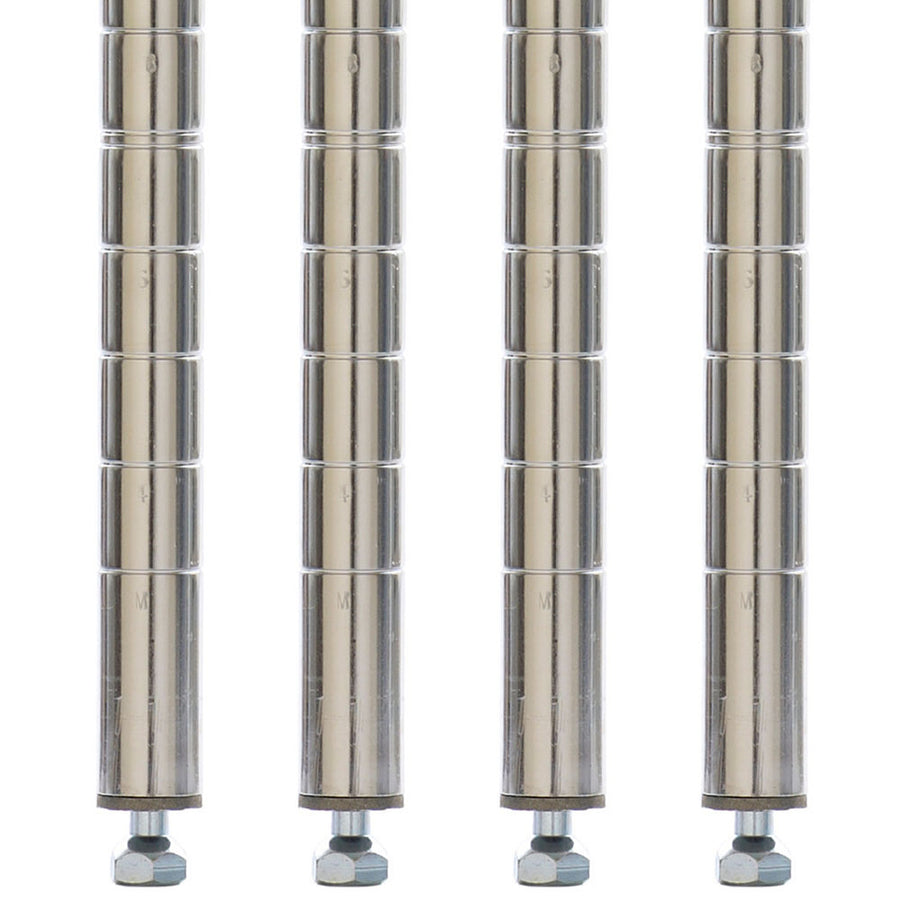 Metro Super Erecta SiteSelect chrome stationary posts four-pack with adjustable leveling bolts, designed for wire shelving units.