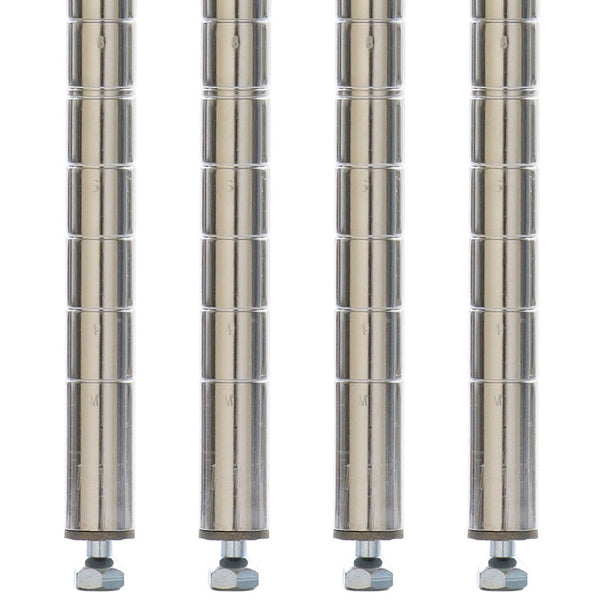 Metro Super Erecta SiteSelect chrome stationary posts four-pack with adjustable leveling bolts, designed for wire shelving units.