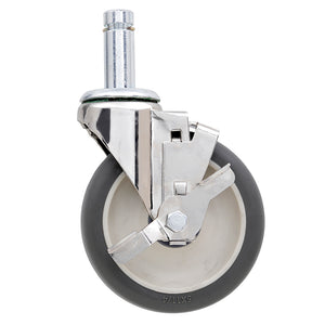 Metro 5-inch polyurethane swivel stem caster with chrome-plated steel stem, housing, and side pedal brake for Super Erecta wire shelving and TableWorx work tables.