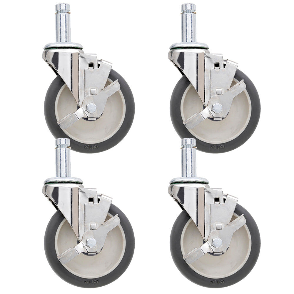 Four-pack of Metro 5-inch polyurethane swivel stem casters with chrome-plated steel stem, housing, and side pedal brake for Super Erecta wire shelving and TableWorx work tables.
