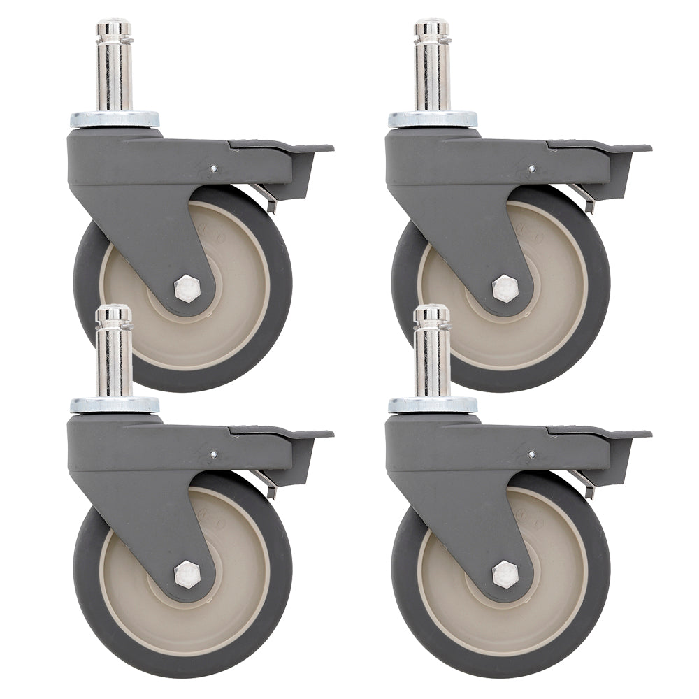 Four-pack of Metro 5-inch polyurethane swivel stem casters with chromate-plated steel stem and swivel raceway, nylon housing, and pedal brake for Super Erecta wire shelving and TableWorx work tables.