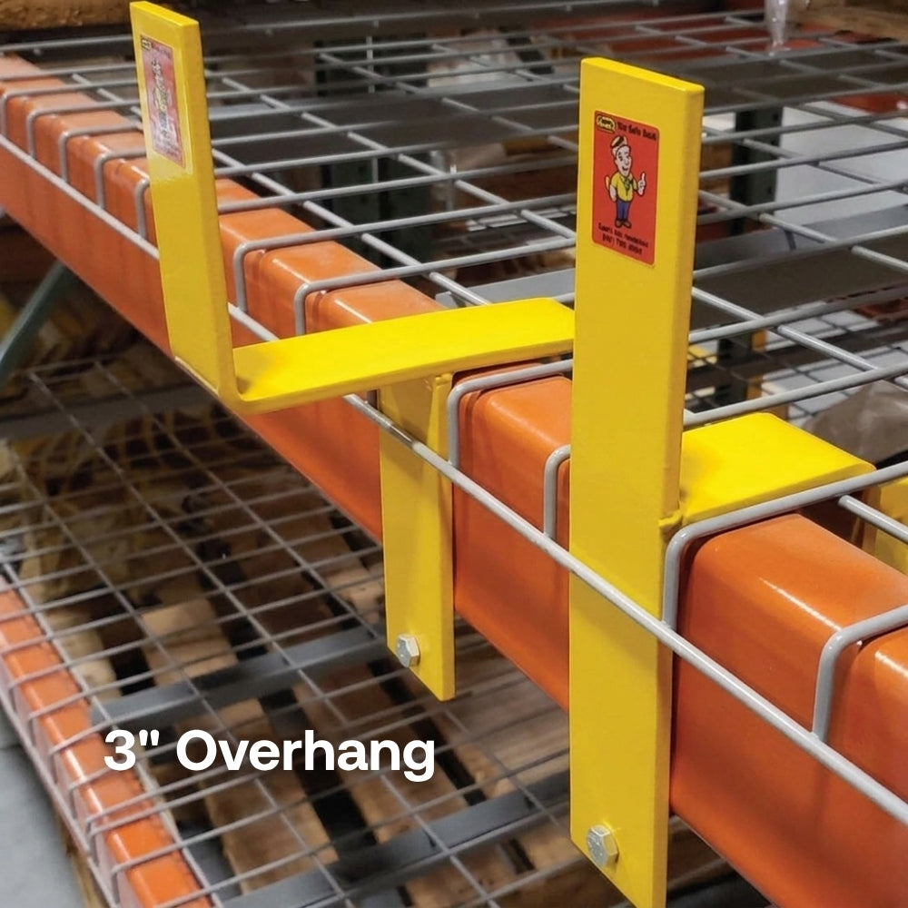 Yellow pallet beam stop with 3-inch overhang on wire decking
