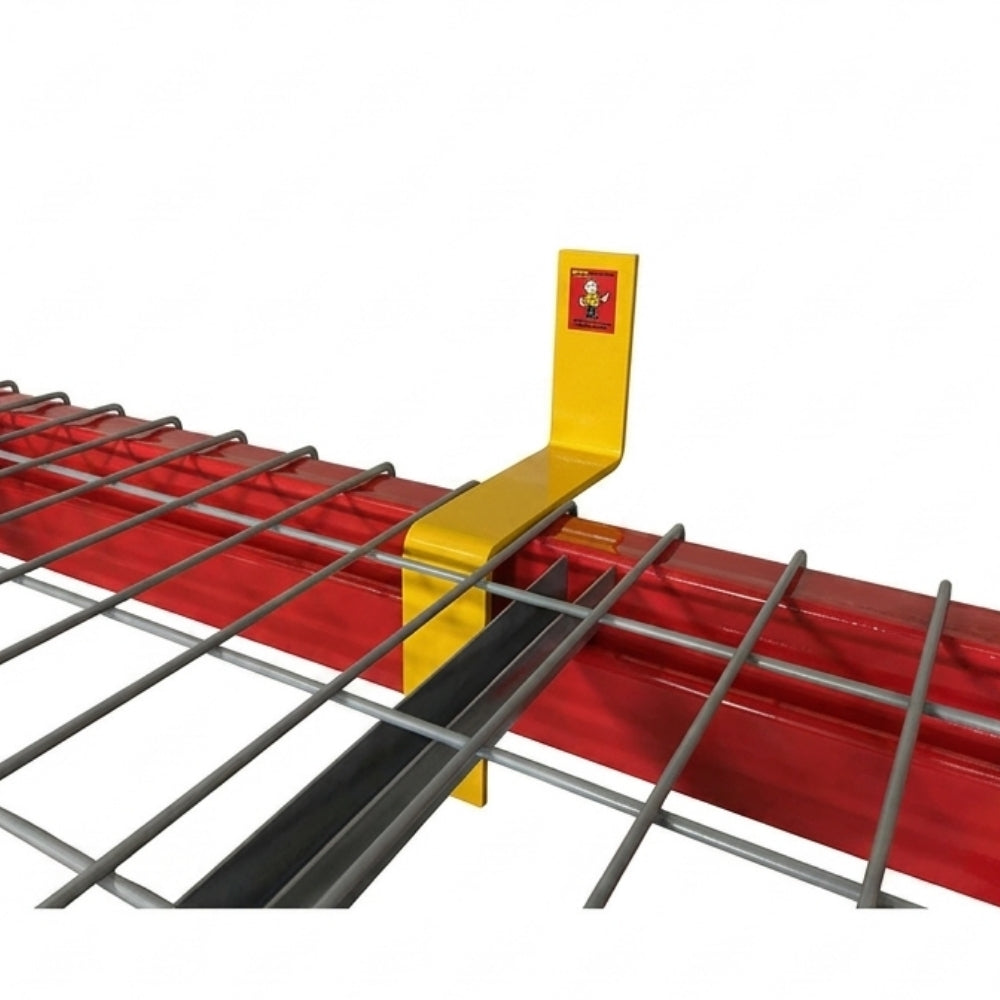 Yellow Pallet Beam Stop in between wire decking on white background