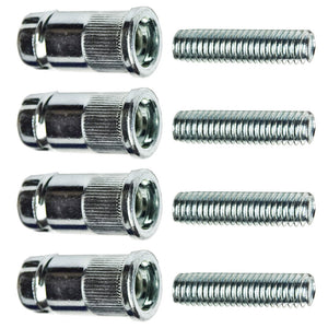 Four-pack of chrome post extension kits for 1-inch diameter wire shelving posts, including splicers and threaded bolts.