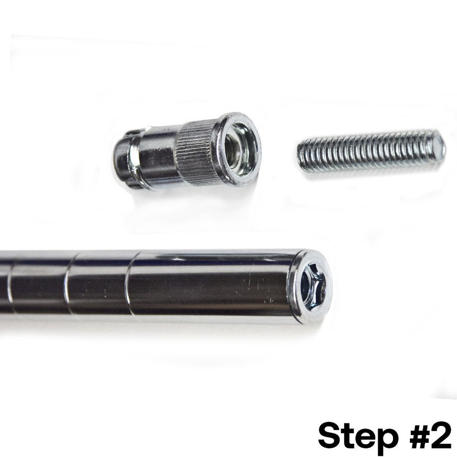 Step 2 of installing a post extension kit for 1-inch diameter wire shelving posts, showing the chrome splicer, threaded bolt, and shelving post for assembly.