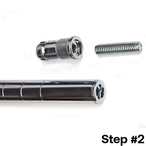 Step 2 of installing a post extension kit for 1-inch diameter wire shelving posts, showing the chrome splicer, threaded bolt, and shelving post for assembly.