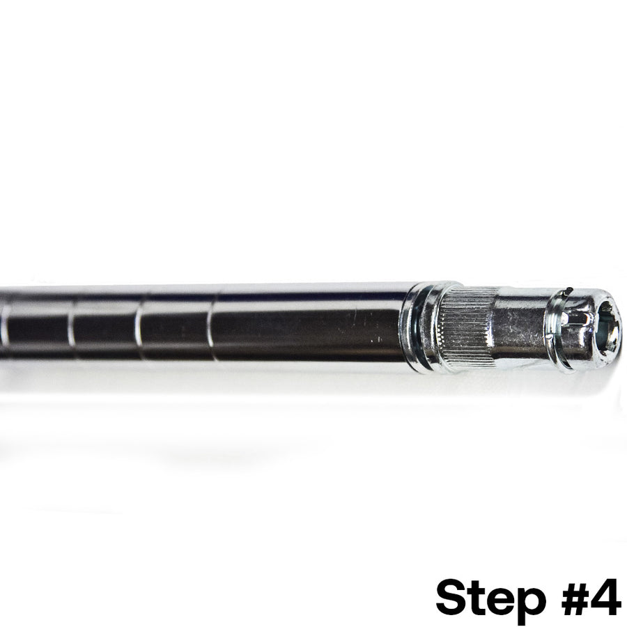 Step 4 of installing a post extension kit for 1-inch diameter wire shelving posts, with the kit securely inserted to extend the shelving post.