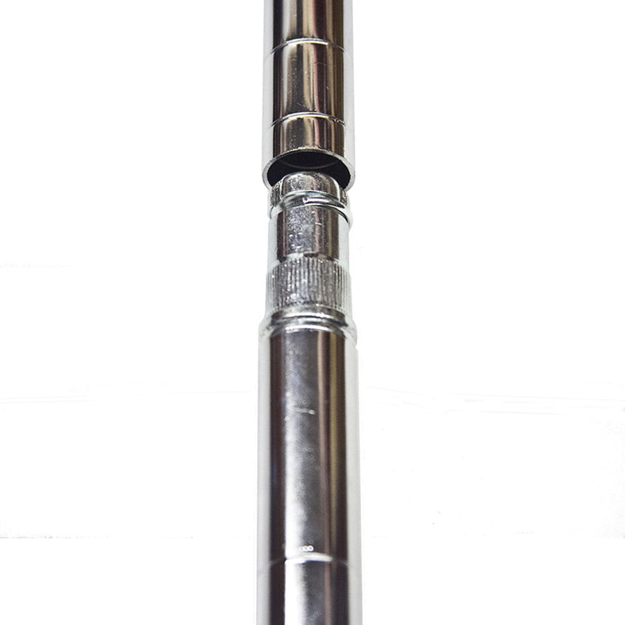 Chrome post extension kit, designed to connect two 1-inch diameter wire shelving posts for added height and storage capacity.