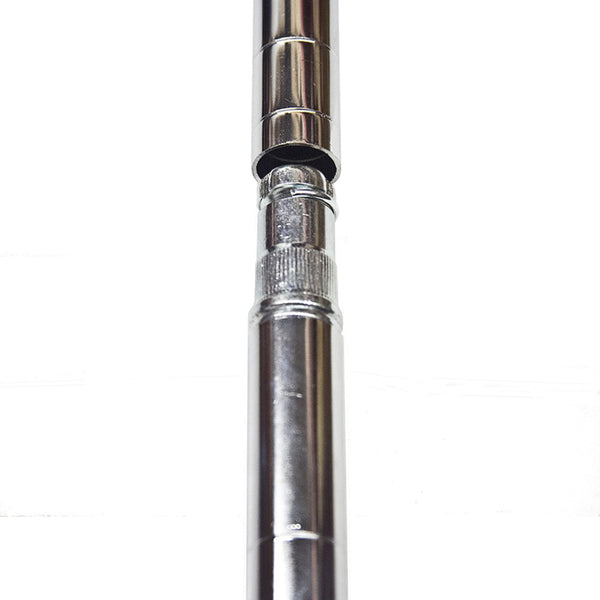 Chrome post extension kit, designed to connect two 1-inch diameter wire shelving posts for added height and storage capacity.