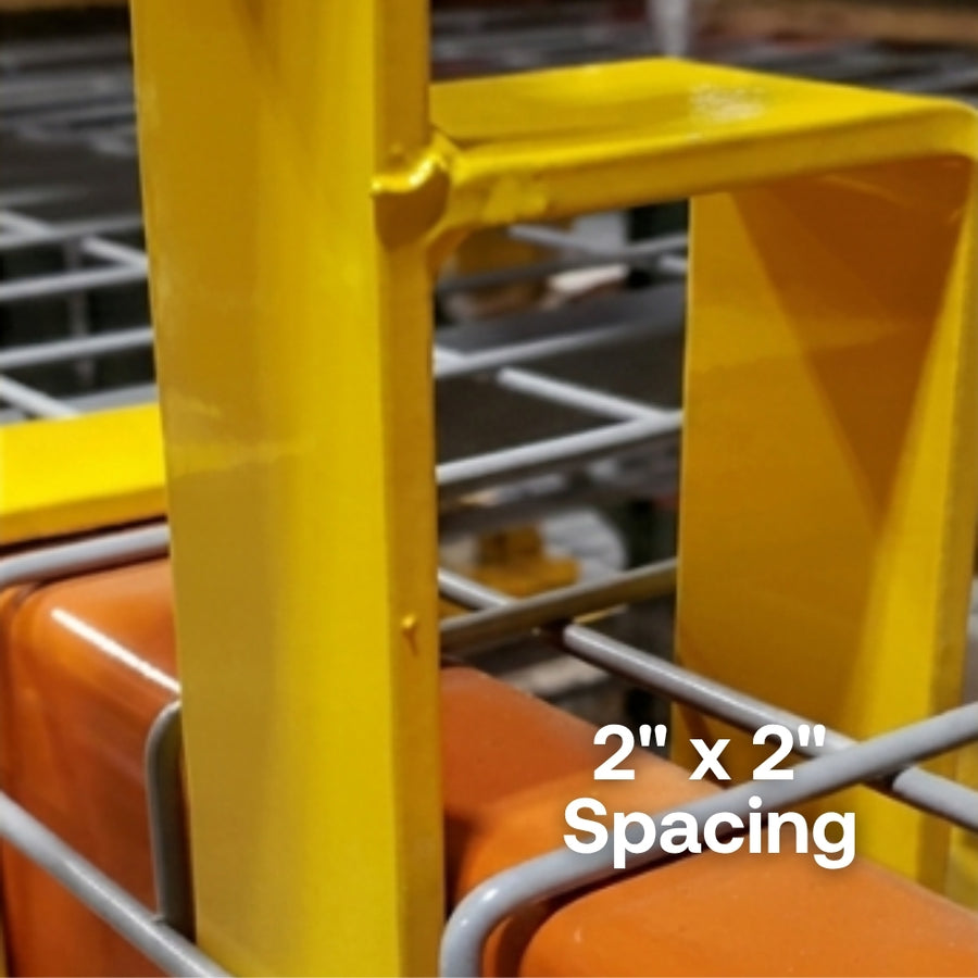 Close-up of a yellow mpallet beam step with '2" x 2" Spacing' text