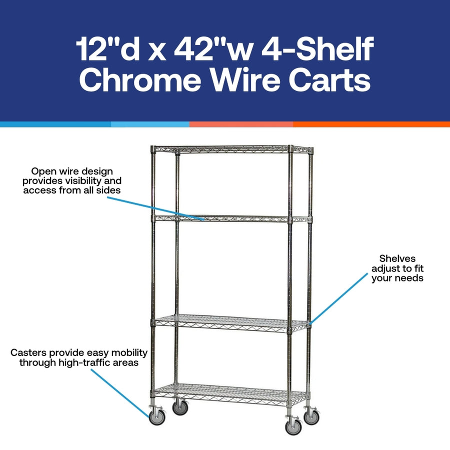 4-Shelf Chrome Wire Carts - 12"d x 42"w