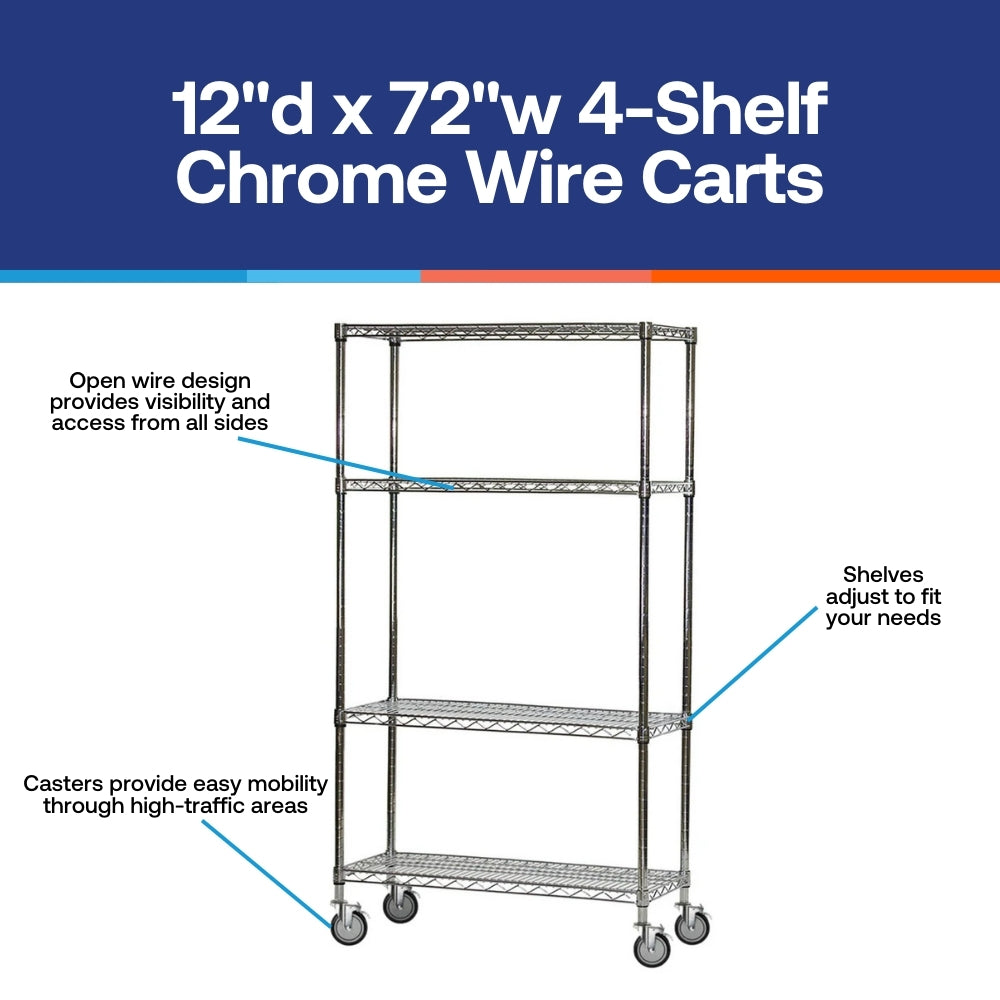 4-Shelf Chrome Wire Carts - 12"d x 72"w