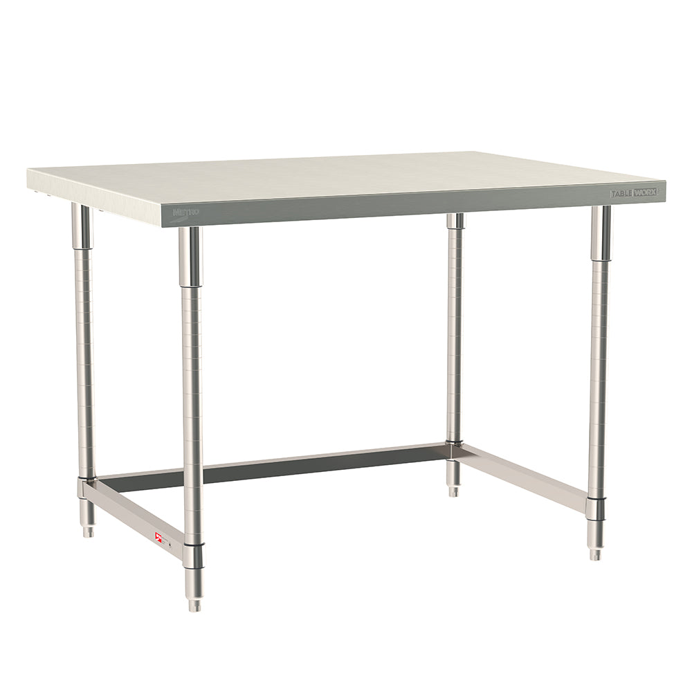 Metro TableWorx stationary work table with 304 stainless steel top, 3-sided frame, and legs.