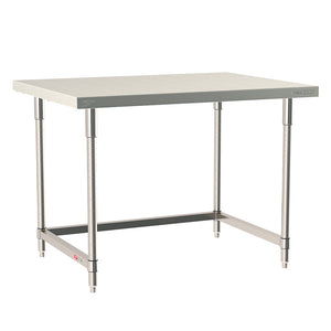 Metro TableWorx stationary work table with 304 stainless steel top, 3-sided frame, and legs.