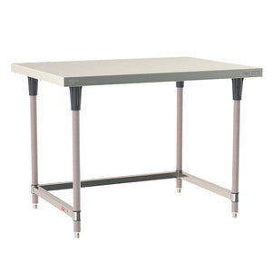 Metro TableWorx stationary work table with 304 stainless steel top, 3-sided frame, and gray epoxy-coated steel legs.