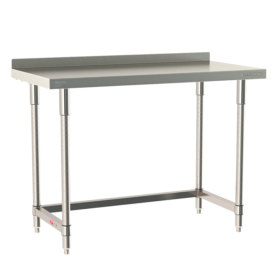 Metro TableWorx stationary work table featuring a 304 stainless steel top with 2-inch backsplash, 3-sided frame, and legs.