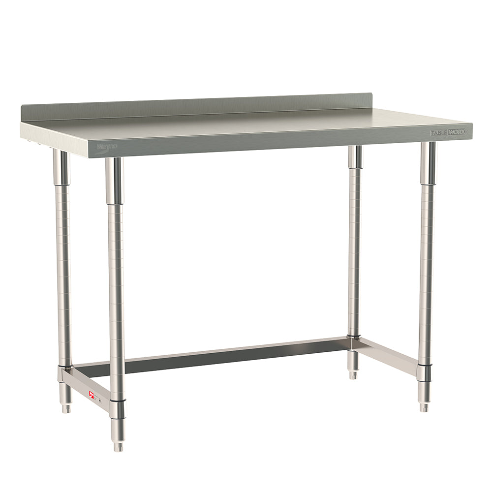 Metro TableWorx stationary work table featuring a 304 stainless steel top with 2-inch backsplash, 3-sided frame, and legs.