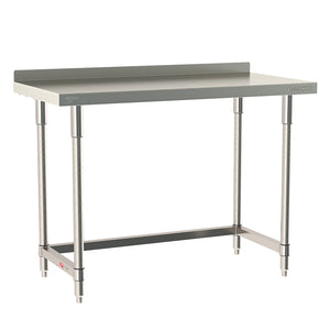Metro TableWorx stationary work table featuring a 304 stainless steel top with 2-inch backsplash, 3-sided frame, and legs.
