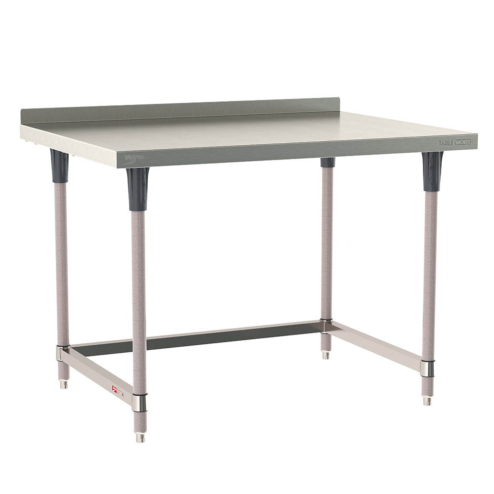 Metro TableWorx stationary work table featuring a 304 stainless steel top with 2-inch backsplash, 3-sided frame, and gray epoxy-coated steel legs.