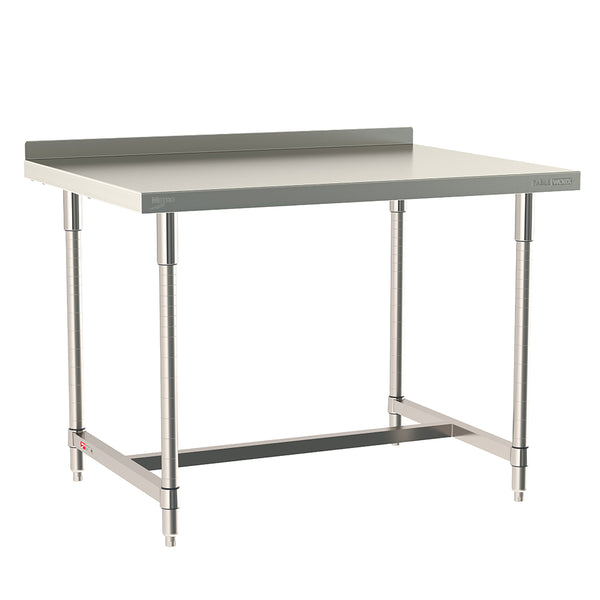 Metro TableWorx stationary work table featuring a 304 stainless steel top with 2-inch backsplash, I-frame, and legs.