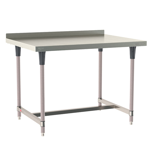 Metro TableWorx stationary work table featuring a 304 stainless steel top with 2-inch backsplash, I-frame, and gray epoxy-coated steel legs.