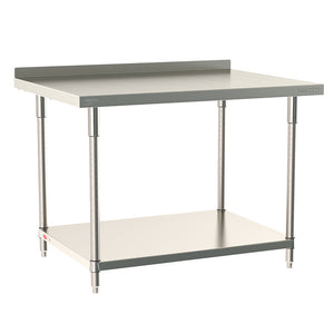 Metro TableWorx stationary work table featuring a 304 stainless steel top with 2-inch backsplash, solid undershelf, and legs.