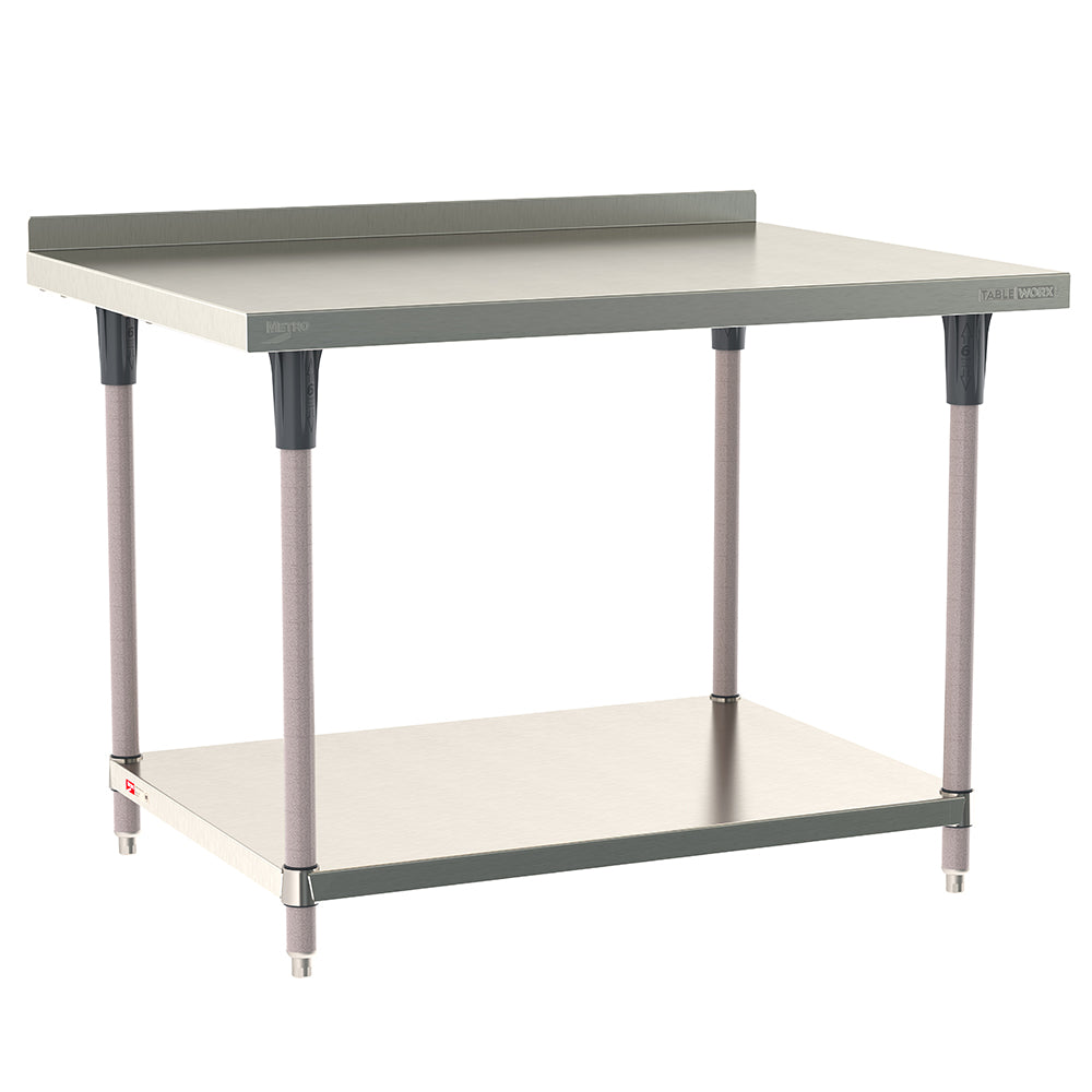 Metro TableWorx stationary work table featuring a 304 stainless steel top with 2-inch backsplash, solid undershelf, and gray epoxy-coated steel legs.