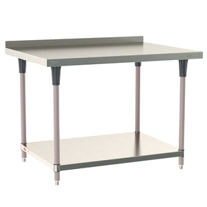 Metro TableWorx stationary work table featuring a 304 stainless steel top with 2-inch backsplash, solid undershelf, and gray epoxy-coated steel legs.
