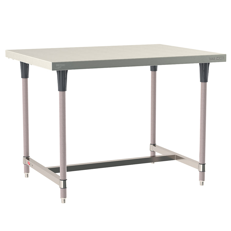 Metro TableWorx stationary work table with 304 stainless steel top, I-frame, and gray epoxy-coated steel legs.