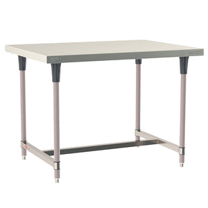 Metro TableWorx stationary work table with 304 stainless steel top, I-frame, and gray epoxy-coated steel legs.