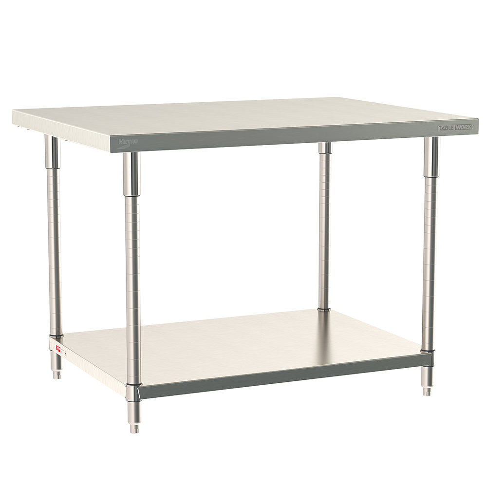 Metro TableWorx stationary work table with 304 stainless steel top, solid undershelf, and legs.