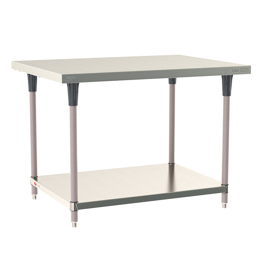 Metro TableWorx stationary work table with 304 stainless steel top, solid undershelf, and gray epoxy-coated steel legs.