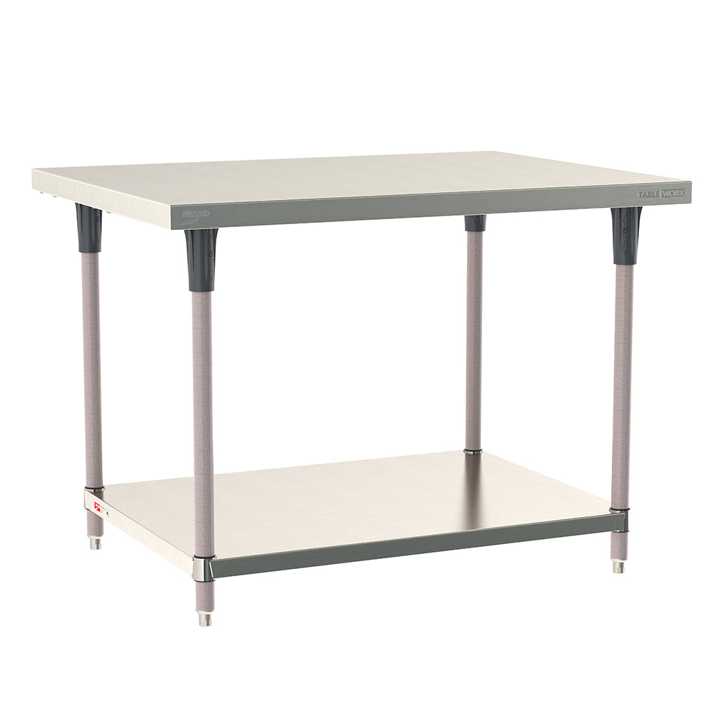 Metro TableWorx stationary work table with 304 stainless steel top, solid undershelf, and gray epoxy-coated steel legs.