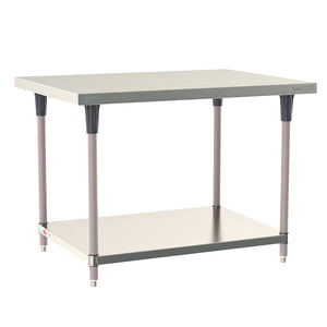 Metro TableWorx stationary work table with 304 stainless steel top, solid undershelf, and gray epoxy-coated steel legs.