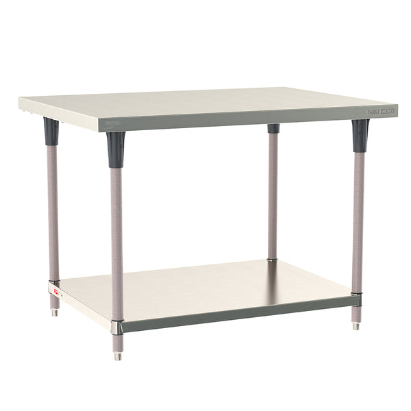 Metro TableWorx stationary work table with 304 stainless steel top, solid undershelf, and gray epoxy-coated steel legs.