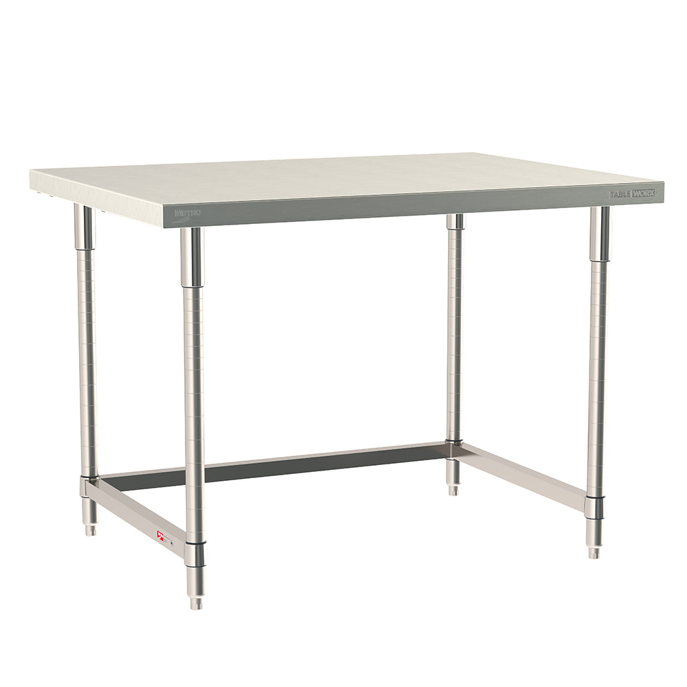 Metro TableWorx stationary work table with 316 stainless steel top and 304 stainless steel 3-sided frame and legs.